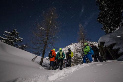 Gruppo di persone durante una ciaspolata in Valmalenco in Lombardia