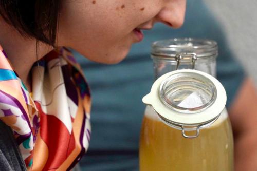 Una ragazza che annusa il kombucha appena preparato in Lombardia